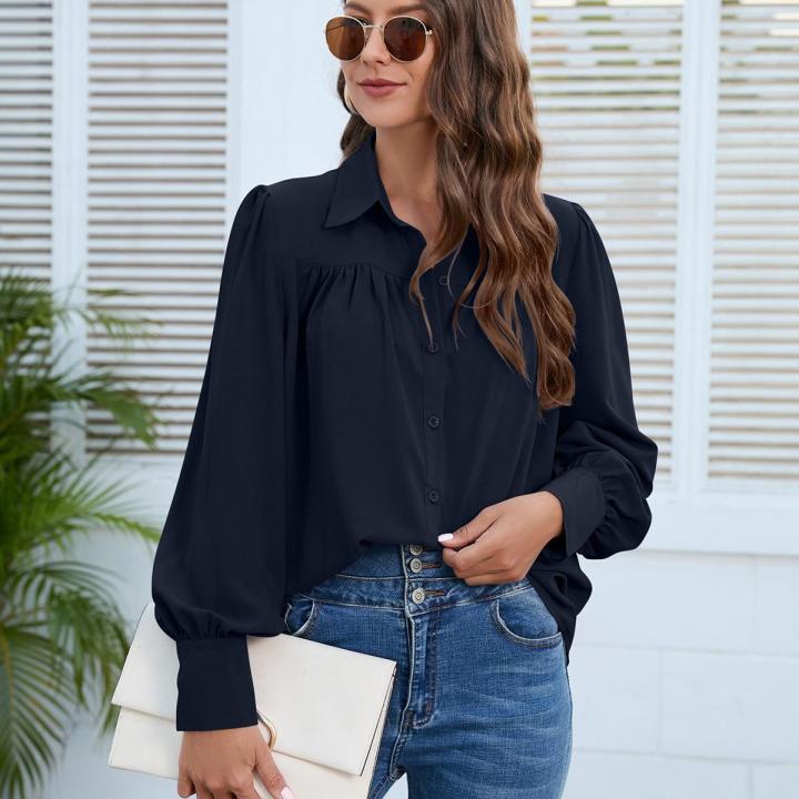 Woman's Long Sleeve Chiffon Shirt Solid Color Pleated Elegant Temperament Women Blouses - Blouse