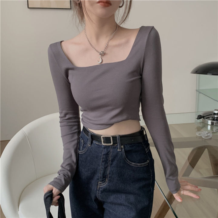 Early%20Autumn%20Hot%20Girl%20Square%20Collar%20Short%20Top%20for%20Women%202024%20New%20Korean%20Style%20Fitted%20Bottoming%20Bottoming%20Shirt%20Long%20Sleeve%20T%20T-shirt%20Women's%20Fashion%20-%20Image%203