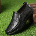 Sandals, summer men's shoes, new hollow leather shoes, men's soft soles, breathable and casual, slip-on cowhide business shoes.