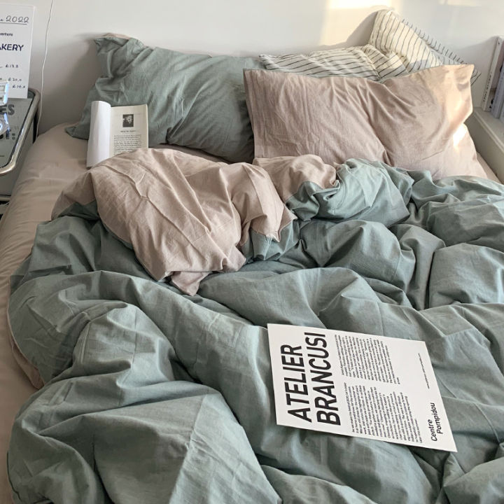 Solid%20color%20double%20four-piece%20bedding%20set%20household%20sheets%20duvet%20cover%20washed%20cotton%20bed%20sheet%20style%20double%20dormitory%20-%20Image%207