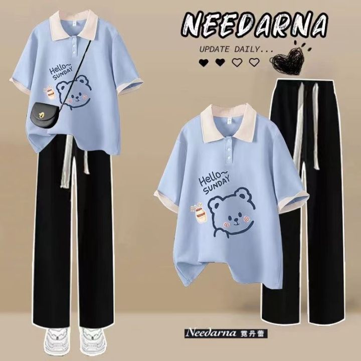 Summer%20Little%20Fresh%20Suit%20Girl%20Korean%20Loose%20Bear%20Polo%20Collar%20T%20T-shirt%20+%20Wide%20Leg%20Pants%20Two-Piece%20Suit%20Fashion%20-%20Image%202