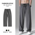 Men's pants summer thin trendy versatile loose casual trousers, wide leg straight drape, air conditioner ice silk trousers.