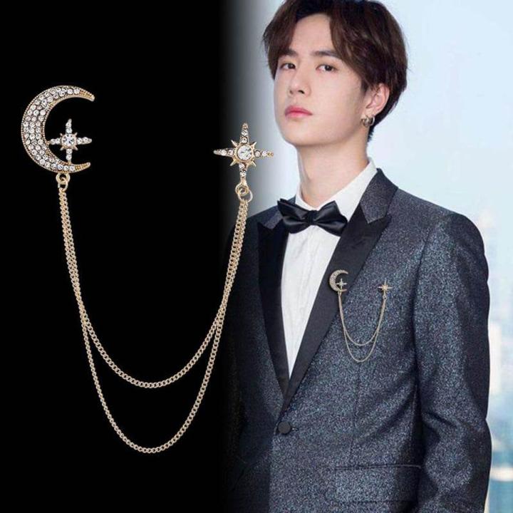 Fashion Rhinestone Star Brooch Pin Crystal Tassel Chain Lape Pins Suit Shirt Collar Jewelry for Men and Women Accessories