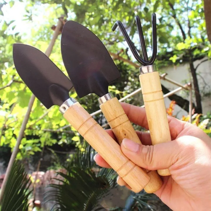 3pcs Mini Garden Shovel Rake Spade Bonsai Tools Set Wooden Handle for ...