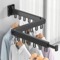 Folding Clothes Hanger Wall Mount Retractable Cloth Drying Black C. 
