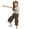 Teen Kids Girls Letter Sequin T-shirt Short Sleeve Tops Stripe Pants Outfits Set. 
