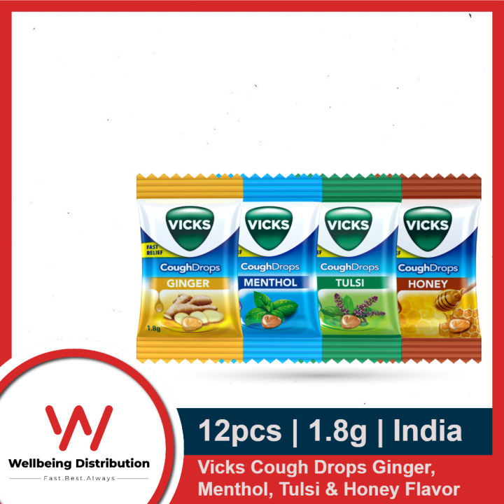 Vicks Cough Drops 1.8g x 12 Mix Packs - Ginger, Menthol, Tulsi & Honey Flavor