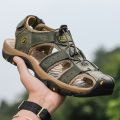 Men Summer Sandals Cowhide Leather Male Summer Shoes for Men Flat Sport Sandals Luxury Outdoor Beach Shoes Man Sandalias. 