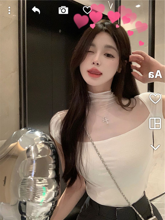 2023%20Black%20Mesh%20Micro-Transparent%20Lace%20Stitching%20T%20T-shirt%20Summer%20New%20Hot%20Girl%20Slim%20Fit%20Fashion%20Short%20Sleeve%20Top%20Women's%20Clothing%20-%20Image%206