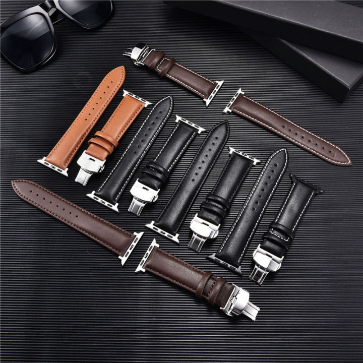 Leather Watch Straps for Apple Watch ultra 8 7 6 SE 5 4 3 Butterfly Buckle Watchband For Apple Watch series 38mm 40mm 41mm 42mm 44mm 45mm 49mm WatchBand for iwatch