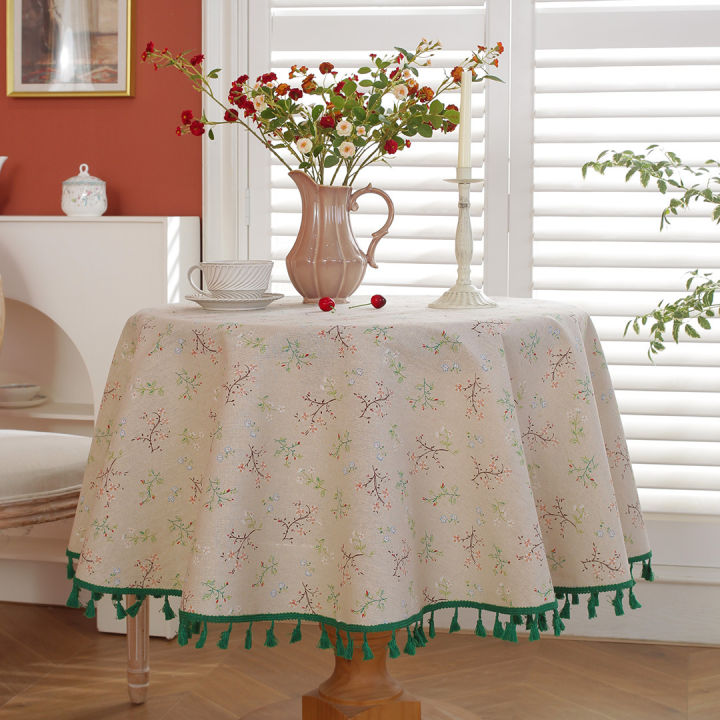 American pastoral style cotton linen green tassel tablecloth floral pattern rectangular dining table, coffee table tablecloth cross-border wholesale