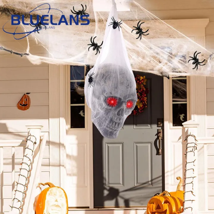 Halloween Skull Decor Spooky Voice Activated Skeleton Skull Ornament with Led Red Eyes Fake Spider Perfect Halloween Decor for Indoor Outdoor Parties Outdoor Halloween Decor