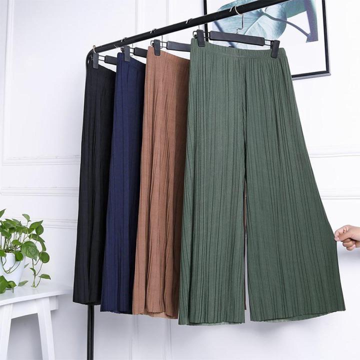 Women Pleated Pants Ladies Chiffon Wide Leg High Waist Trousers Cropped  Loose Plus Size Pants for Women