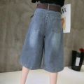 Summer Jean Shorts for Women High Waist Wide Leg Denim Short Pants with Pockets Female Blue Half Short Jeans.
