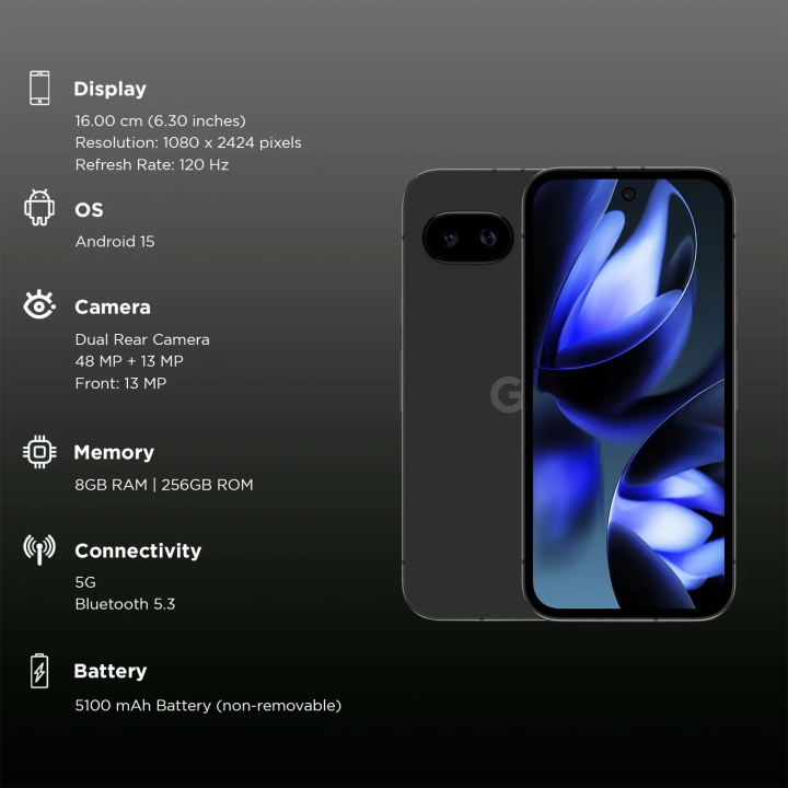 Google%20Pixel%209a%20-%208GB%20RAM%20-%20128GB%20ROM%20-%20Obsidian%20-%206.3"%20Actua%20Display%20-%2048MP%20AI%20Dual%20Camera%20-%20Google%20Tensor%20G4%20Chip%20-%205G%20-%20Official%20Warranty%20-%20Image%202