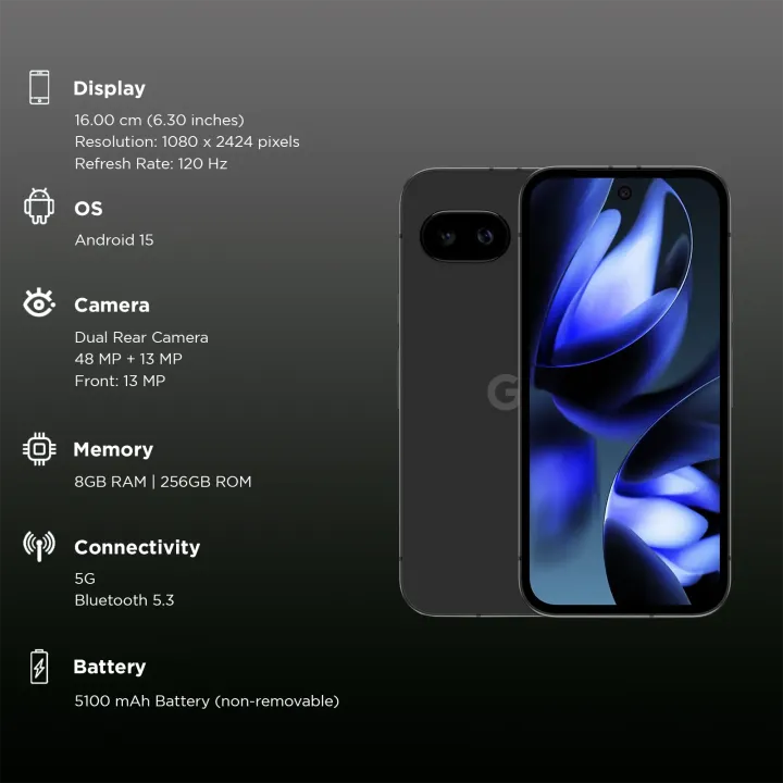 Google%20Pixel%209a%20-%208GB%20RAM%20-%20128GB%20ROM%20-%20Obsidian%20-%206.3"%20Actua%20Display%20-%2048MP%20AI%20Dual%20Camera%20-%20Google%20Tensor%20G4%20Chip%20-%205G%20-%20Official%20Warranty%20-%20Image%202