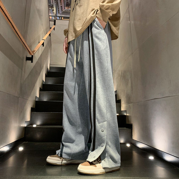 Autumn and Winter New Men's Casual Pants Korean Style Fashion Brand Striped Breasted Straight-Leg Trousers Loose Draping Effect Wide-Leg Pants