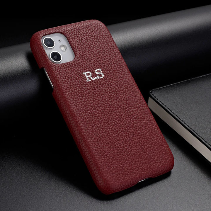 Custom Pebble Grain Genuine Leather Luxury Gold Initial Name Phone Case Cover For iPhone15 14 14ProMax 14Plus 13Promax 13 12 11 Dislikelike