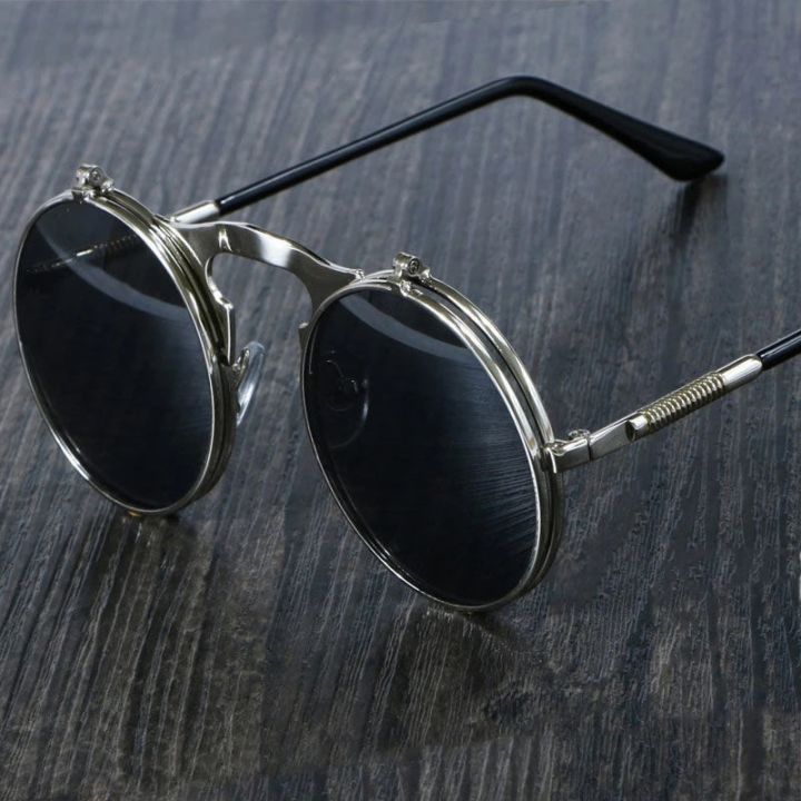 Retro Flip Round Sunglasses Man Woman Metal Steampunk Style Sun Glasses Male Female Double Circular Clear Lens Eyeglasses