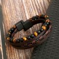 Men Leather Bracelet Classic Fashion Tiger Eye Beaded Multi Layer Leather Bracelet For Men Jewelry Gift.