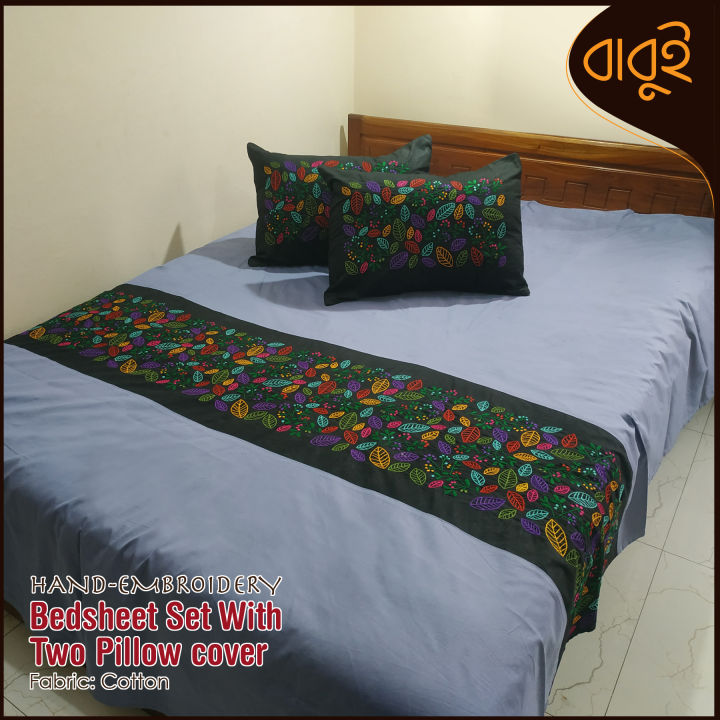 Hand-embroidery%20floral%20motif%20art%20Cotton%20Fabric%207%20Feet%20by%208.5%20Feet%20Double%20King%20Size%20Bedsheet%20Set%20with%20Two%20Pillow%20Covers%20Bed%20Sheet%20-%20Image%203