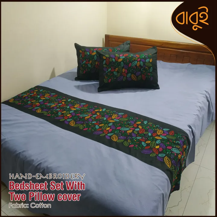 Hand-embroidery%20floral%20motif%20art%20Cotton%20Fabric%207%20Feet%20by%208.5%20Feet%20Double%20King%20Size%20Bedsheet%20Set%20with%20Two%20Pillow%20Covers%20Bed%20Sheet%20-%20Image%203