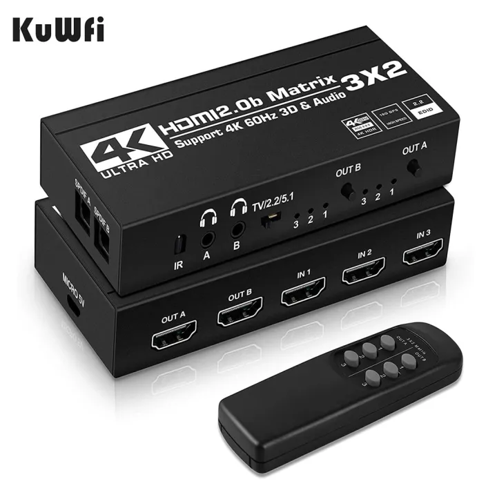 KuWFi%204K/60Hz%20HDMI%20Switch%20Remote%203x2%20Switcher%20Dual%20Audio%20Extractor%202.0b%20Matrix%20Splitter%20for%20PS4/5%20Xbox%20TV%20DVD%20HD%20player-black%20-%20Image%203