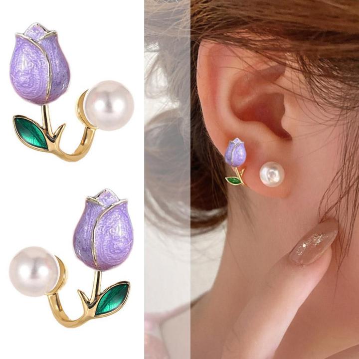 Pink Tulip Imitation Pearl Earrings Rose Color Flower Two Ways To Wear Ear Studs for Girls Daily Wear Women Ear Piercings Gifts