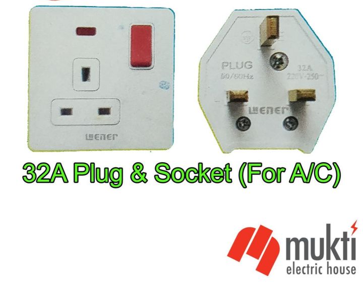 WENER 32A Plug & Socket (For A/C) 3 Pin Flat with Indicator Premium Quality High Load Electrical AC Power Connector