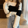 2021 Short Autumn and Winter Color-Block Crew Neck Sweater Women's Loose and Lazy Style All-Matching Striped Long Sleeve Pullover Sweater Fashion. 