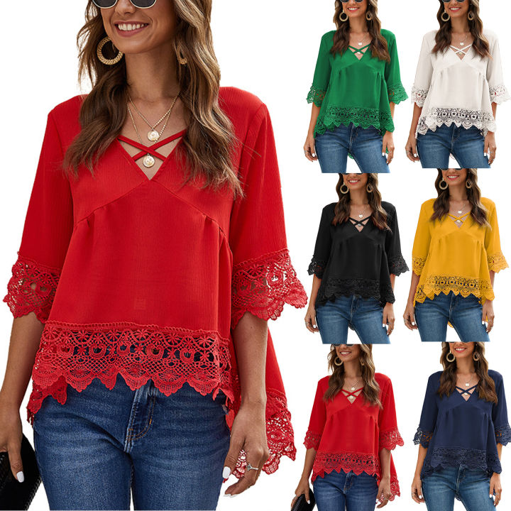 Women%20Summer%20Sexy%20Blouse,%20Irregular%20Half%20Sleeve%20Criss-Cross%20V-neck%20Hollow%20Out%20Lace%20Shirt%20-%20Image%205