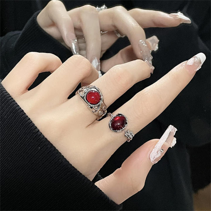 Hollow design ring Unique Irregular shape Red stone ring Vintage
