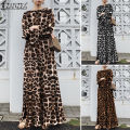 ZANZEA Women Party Dress Long Sleeve Elastic Waist Leopard Print Maxi Dress #7. 