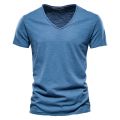 AIOPESON 100% Cotton Men T-shirt V-neck Fashion Design Slim Fit Soild T-shirts Male Tops Tees Short Sleeve T Shirt For Men.