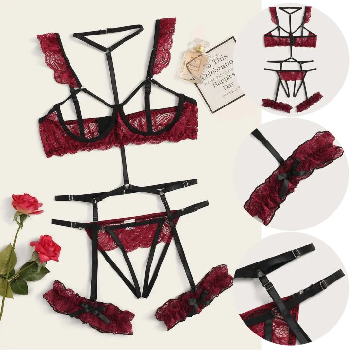 Lace Lingerie Set Women's Underwear Transparent Open Bra Panty Sets Garter Lace Black Lingerie Bra Underwear Set