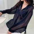 Women Shirts Sheer Sun-proof Fashion Summer Elegant Outerwear Simple Solid All-match Feminine Long Sleeve Turn-down Collar Cozy.
