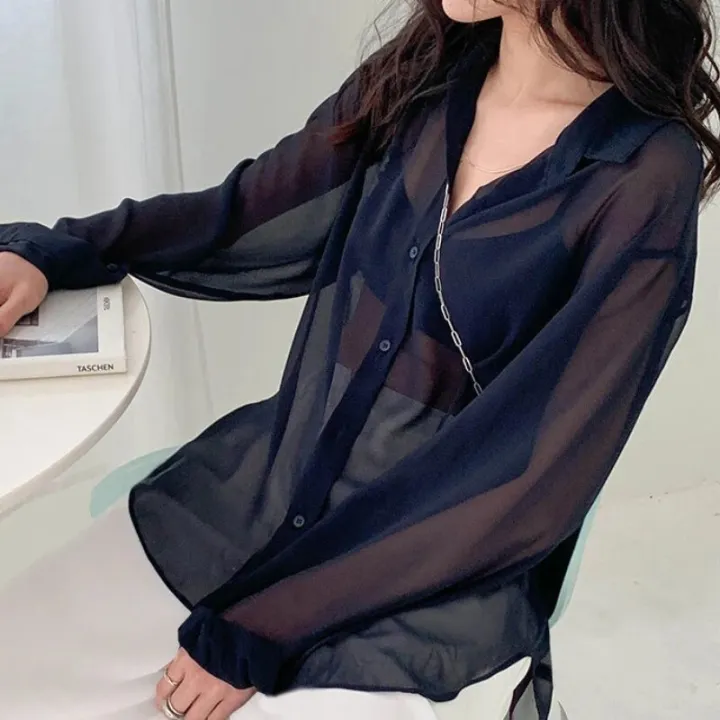 Women%20Shirts%20Sheer%20Sun-proof%20Fashion%20Summer%20Elegant%20Outerwear%20Simple%20Solid%20All-match%20Feminine%20Long%20Sleeve%20Turn-down%20Collar%20Cozy%20-%20Image%202