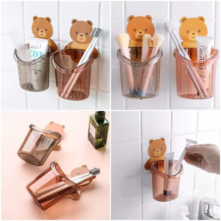 Brush Cup Wall Mounted Shaver Cartoon Self-adhesive Cups Self-draining Toothbrush Holder Bracket Restroom Essentials-Multicolor