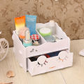 Smiling face wooden white cosmetics organizer, clean desk and desk. 