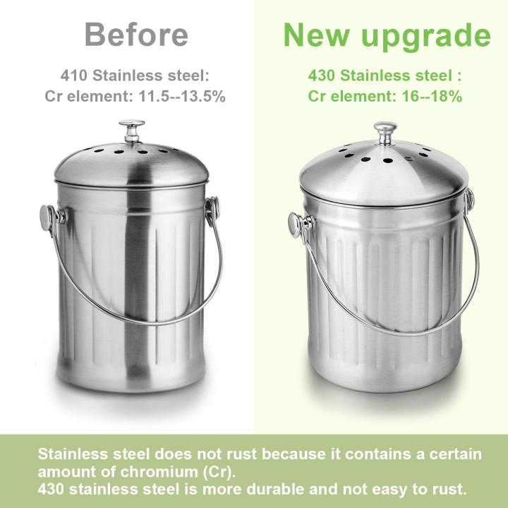 New product Compost Bin, Peel Bucket for Home Kitchen, Odorless Compost Bucket for Kitchen Food Waste, with Handle and 2 Charcoal Filters, 5 Liters, Easy to Clean - silver