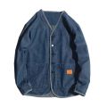 Japan Style Amekaji V-Neck Single Breasted Men Denim Jacket 2023 Spring Mens Vintage Jean Jackets. 