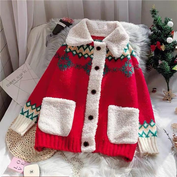 Red Christmas Sweater Cardigan women thickened autumn winter