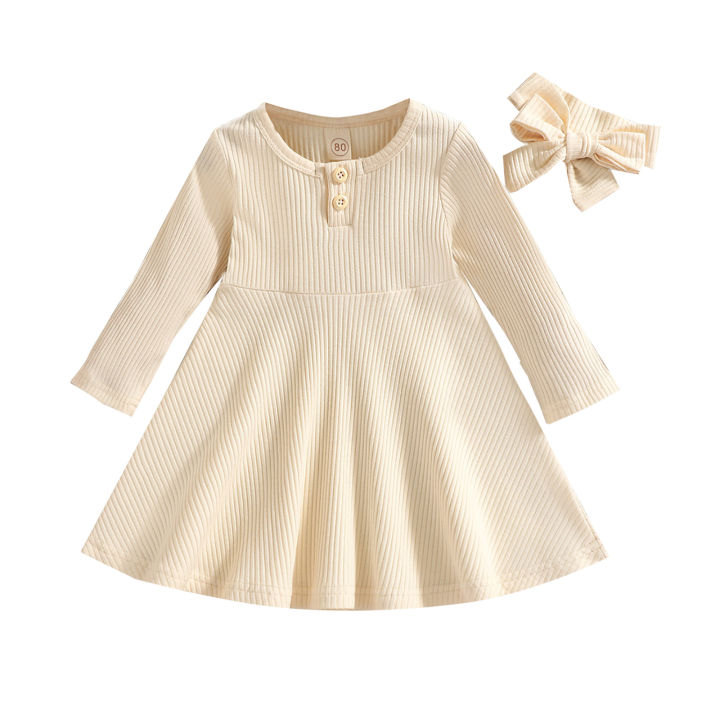 【Universal Car Parts Store】(New) toddler Baby Girls knitted dress ruffles solid color long sleeve dress autumn winter round neck dress