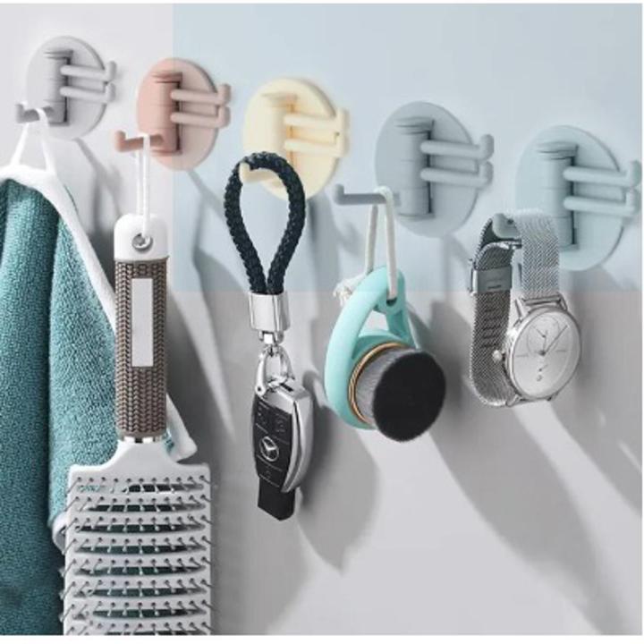 Multifunctional bathroom wall shelf free punching seamless trace rack rotating hook strong 3 branch rotating sticky hook