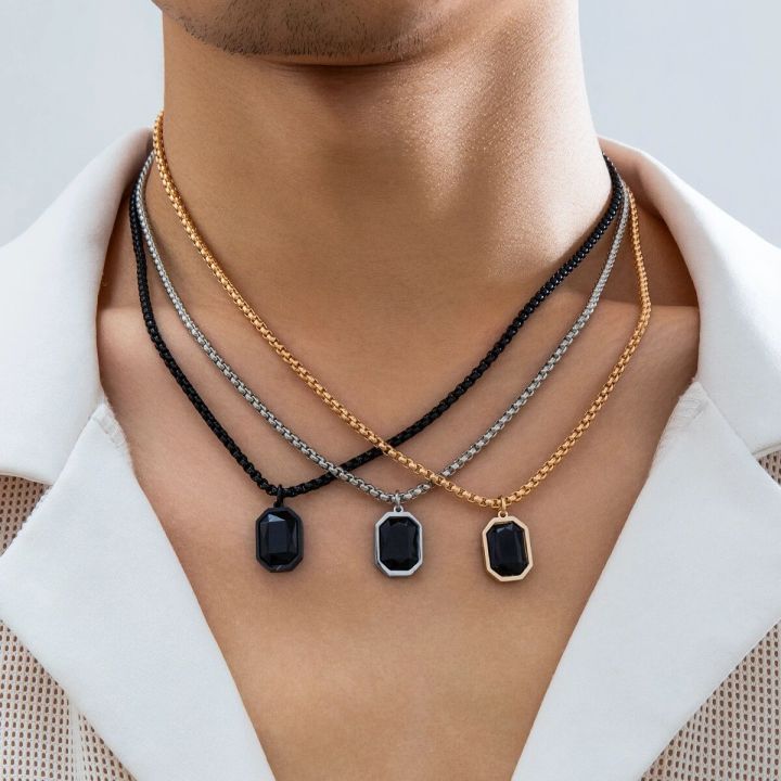 KunJoe 3pcs/set Gothic Black Stone Pendant Necklace for Men