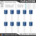 100uF 50V Radial Electrolytic Capacitor (10-Pcs) – Polarized Aluminum Body Capacitors for Circuits – 2-Pin Leads. 