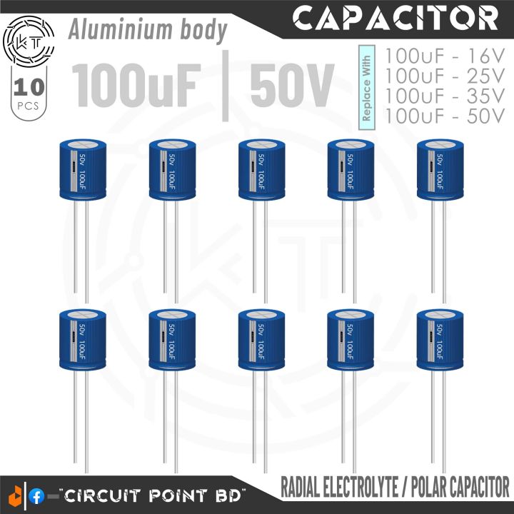 100uF 50V Radial Electrolytic Capacitor (10-Pcs) – Polarized Aluminum Body Capacitors for Circuits – 2-Pin Leads