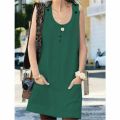 Womens Pocket Dress Beach Cotton Linen Ladies Sleeveless Summer UK Dresses.