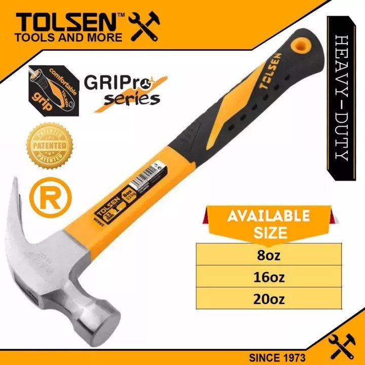 TOLSEN Claw Hammer ( 8oz | 16oz | 20oz ) GriPro Series Fiberglass Handle