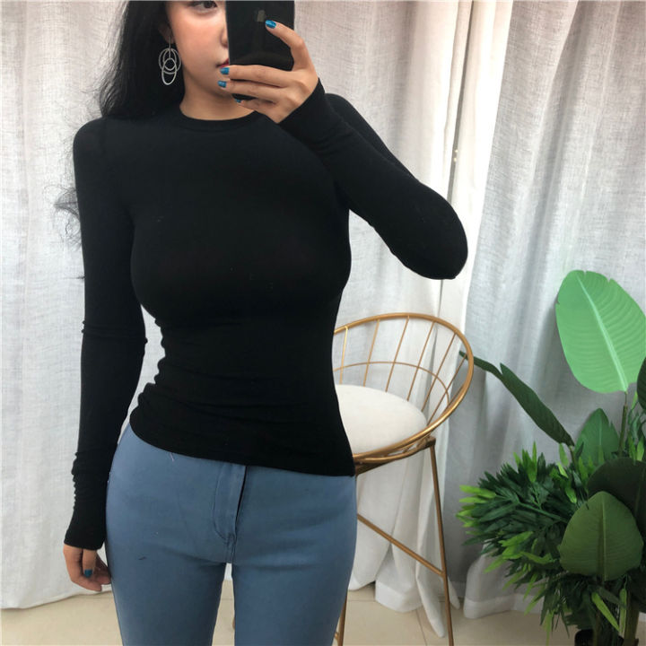 Real%20Shot%20Sexy%20Pure%20Want%20to%20Show%20Chest%20Big%20Micro%20Transparent%20Slim%20Slimming%20round%20Neck%20Long%20Sleeve%20T%20T-shirt%20Top%20Women's%20Clothing%20-%20Image%205
